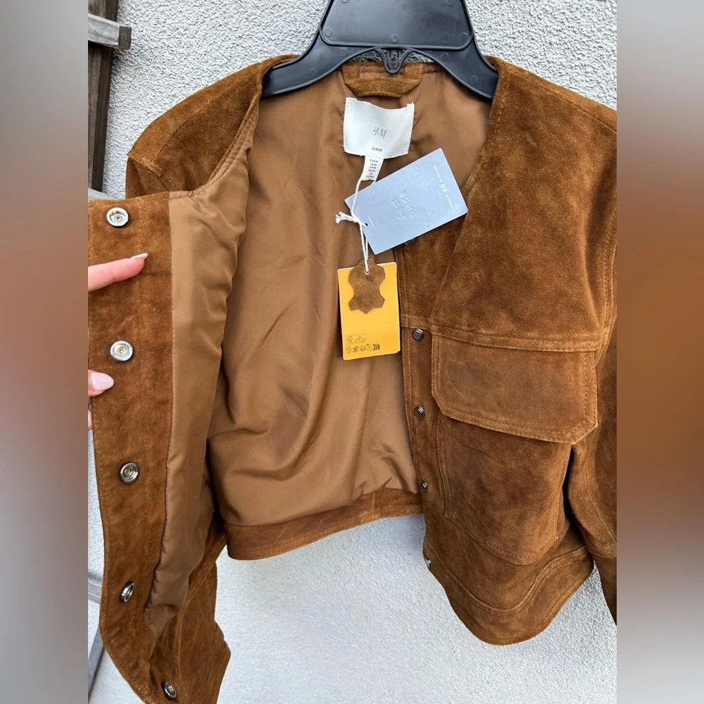 NWT! H&M Brown Suede Leather Jacket - Picture 12 of 16